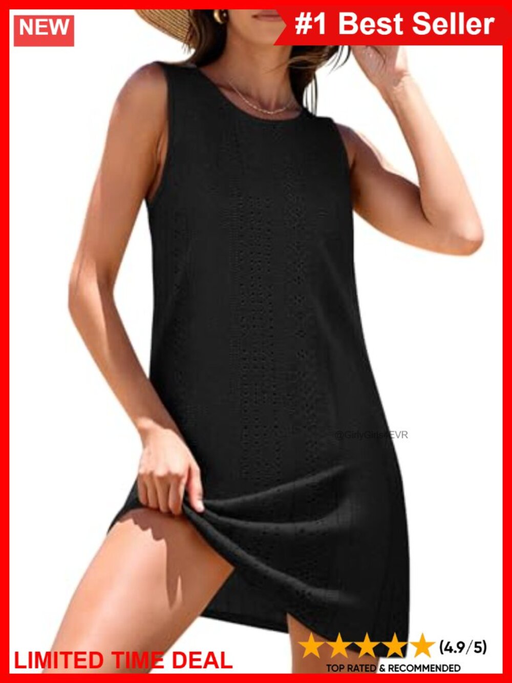 Women's Eyelet Swimsuit Cover-Up Sleeveless Crew Neck Midi Beach Dress